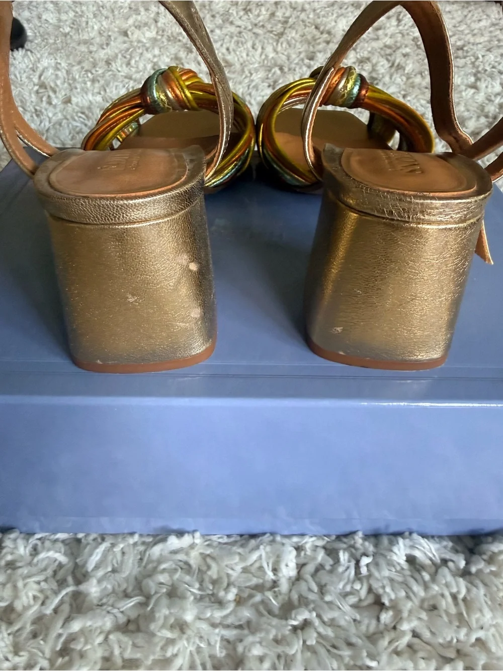 Sézane Metallic Gold Multi-Color Strappy Knot Block Heel Sandals